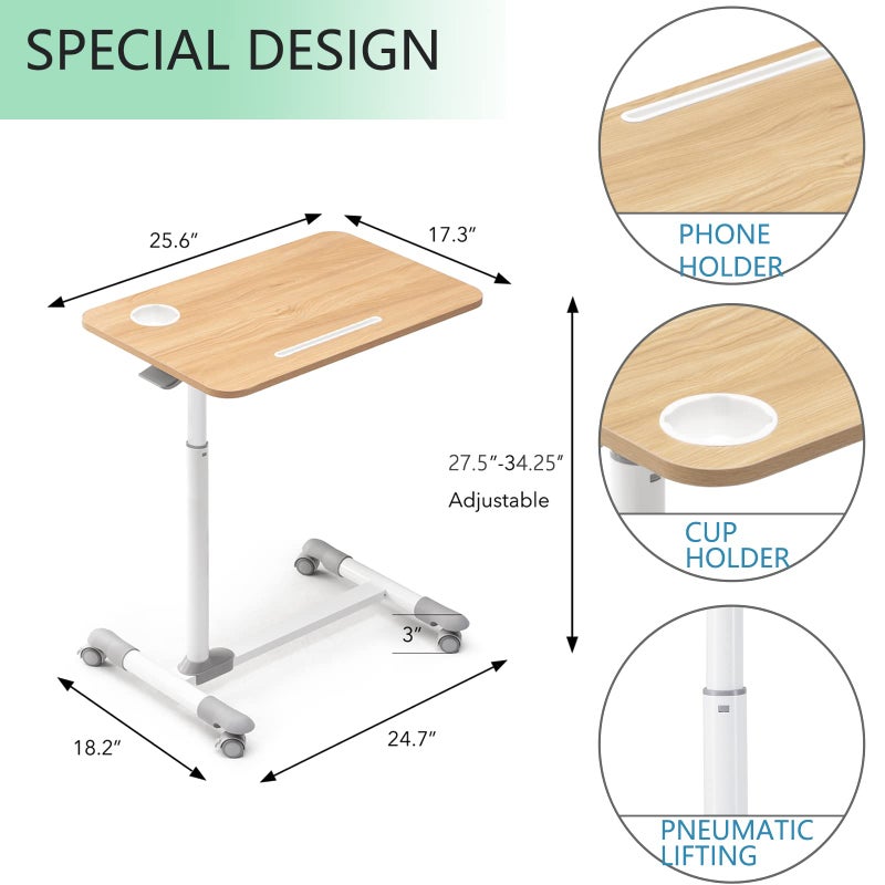 ETHU Overbed Table with Hydraulic Lift, 27.1-34.2 Inch Height Adjustable Bed Table with Lockable Casters - Wood Grain Tabletop with Cup Holder & Charging Slot, 22lbs Capacity Rolling Bedside Desk - Image 2