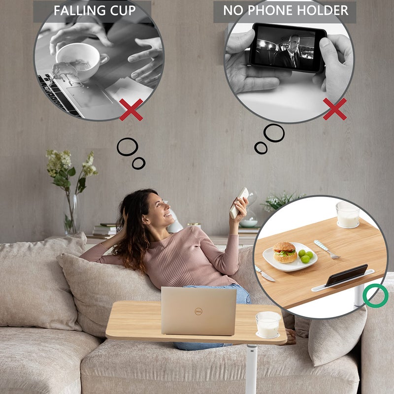 ETHU Overbed Table with Hydraulic Lift, 27.1-34.2 Inch Height Adjustable Bed Table with Lockable Casters - Wood Grain Tabletop with Cup Holder & Charging Slot, 22lbs Capacity Rolling Bedside Desk - Image 5