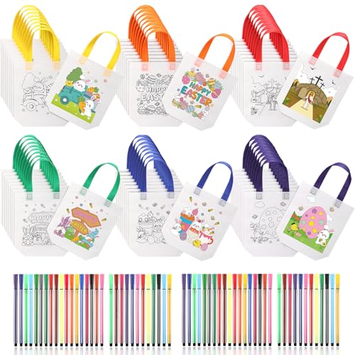 Vincreem 54 Pcs Easter Coloring Goodie Bags with 60 Pcs Colorful Markers Non Woven Coloring Bunny Egg Color Your Own Reusable Party Favor Bags for Holiday DIY Painting 6 Styles - Image 1