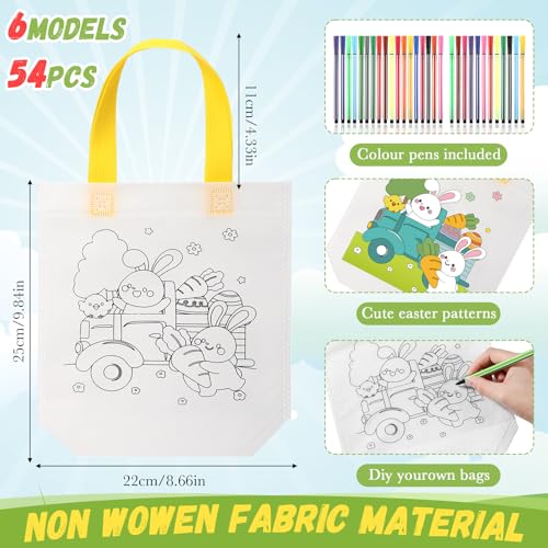 Vincreem 54 Pcs Easter Coloring Goodie Bags with 60 Pcs Colorful Markers Non Woven Coloring Bunny Egg Color Your Own Reusable Party Favor Bags for Holiday DIY Painting 6 Styles - Image 5