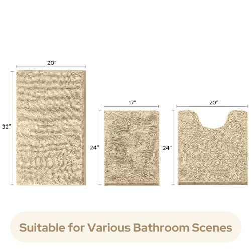 HOMEIDEAS 3 Pieces Bathroom Rugs, Ultra Soft Non Slip Absorbent Chenille Toilet Bath Mat Set (Beige,17"x24"+20"x32"+U Shape 20"x24") - Image 5