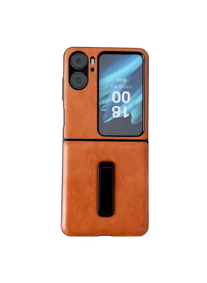 HuHa غطاء حماية لهاتف OPPO Find N2 Flip Crazy Horse Texture PU مقاوم للصدمات مع حامل باللون الأصفر
