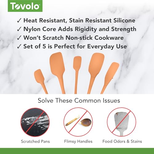 Tovolo Flex Core 5 Piece Silicone Spatula Set Heat Resistant All Silicone Utensils Include Non Stick Spatula Spoonula Jar Scraper, Dishwasher Safe BPA Free Spatulas for Baking Mixing, Apricot Orange - Image 3