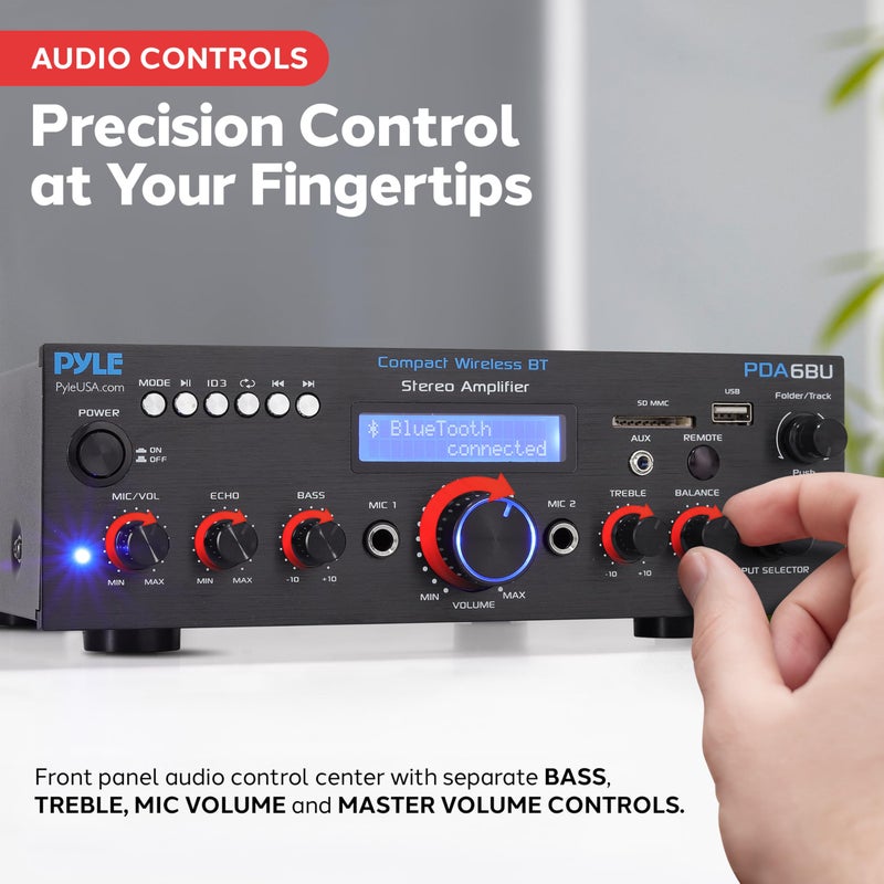 Pyle Wireless Bluetooth Power Amplifier System- 200W Dual Channel Sound Audio Stereo Receiver w/ USB, SD, AUX, MIC in w/ Echo, Radio, LCD, for Home Theater Entertainment via RCA, Studio Use- PDA6BU.7 - Image 3