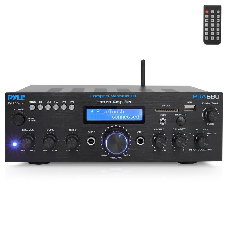 Pyle Wireless Bluetooth Power Amplifier System- 200W Dual Channel Sound Audio Stereo Receiver w/ USB, SD, AUX, MIC in w/ Echo, Radio, LCD, for Home Theater Entertainment via RCA, Studio Use- PDA6BU.7 - Image 1