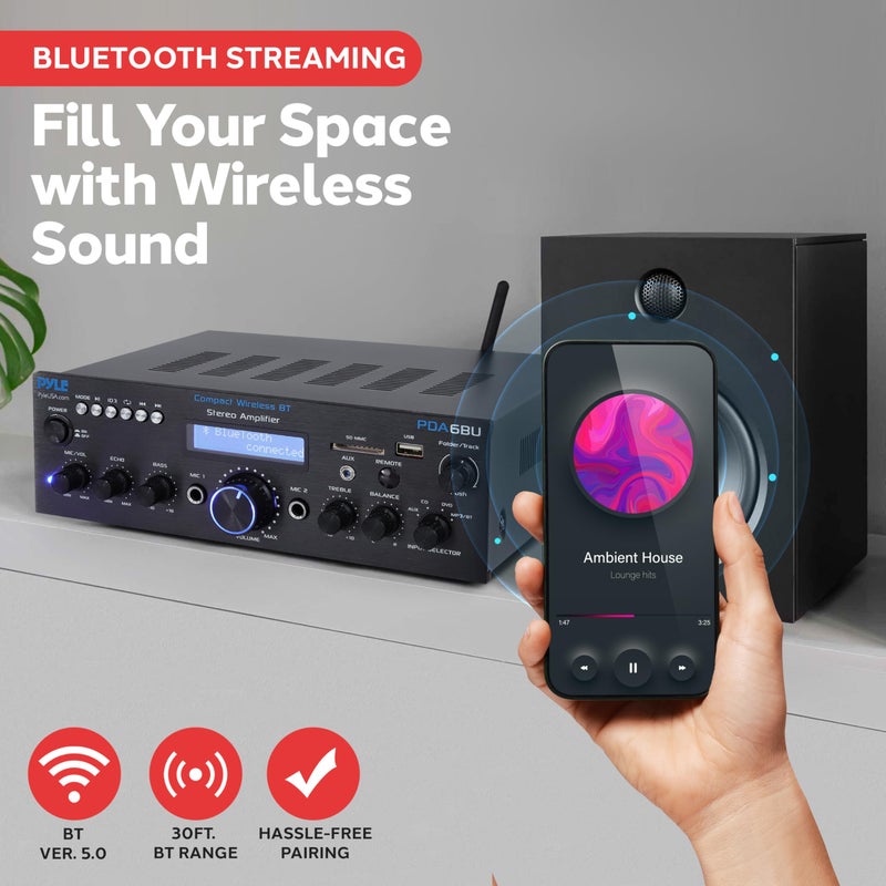 Pyle Wireless Bluetooth Power Amplifier System- 200W Dual Channel Sound Audio Stereo Receiver w/ USB, SD, AUX, MIC in w/ Echo, Radio, LCD, for Home Theater Entertainment via RCA, Studio Use- PDA6BU.7 - Image 2
