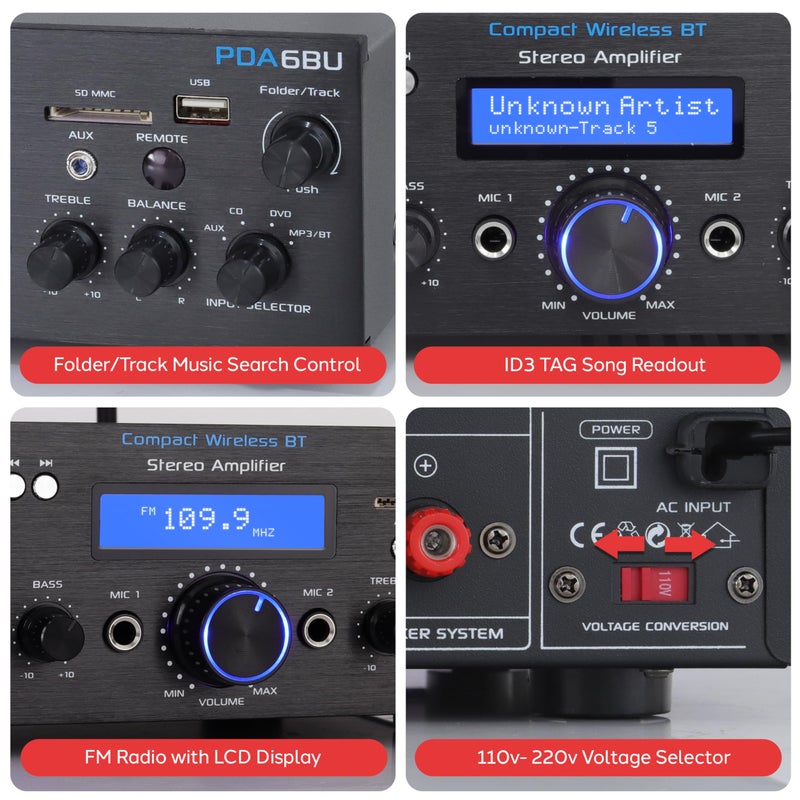 Pyle Wireless Bluetooth Power Amplifier System- 200W Dual Channel Sound Audio Stereo Receiver w/ USB, SD, AUX, MIC in w/ Echo, Radio, LCD, for Home Theater Entertainment via RCA, Studio Use- PDA6BU.7 - Image 5