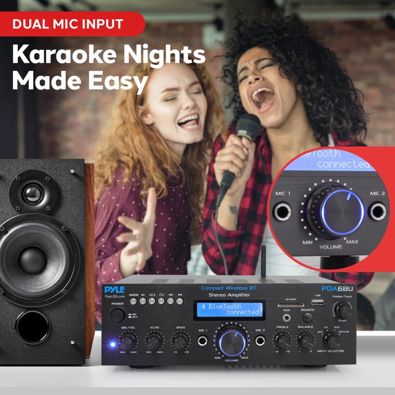 Pyle Wireless Bluetooth Power Amplifier System- 200W Dual Channel Sound Audio Stereo Receiver w/ USB, SD, AUX, MIC in w/ Echo, Radio, LCD, for Home Theater Entertainment via RCA, Studio Use- PDA6BU.7 - Image 4