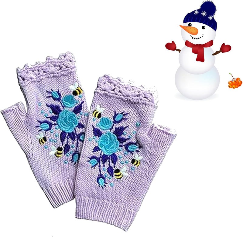 klarako Hand Embroidered Gloves Women'S Knitted Gloves Flower Gloves,Winter Warm Knit Fingerless Gloves for Women