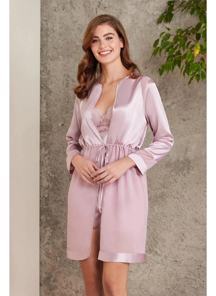 بيير كاردان 7035 Women Rose Bridal Dowry Set 4 Piece Satin Dressing Gown Nightgown Shorts Set