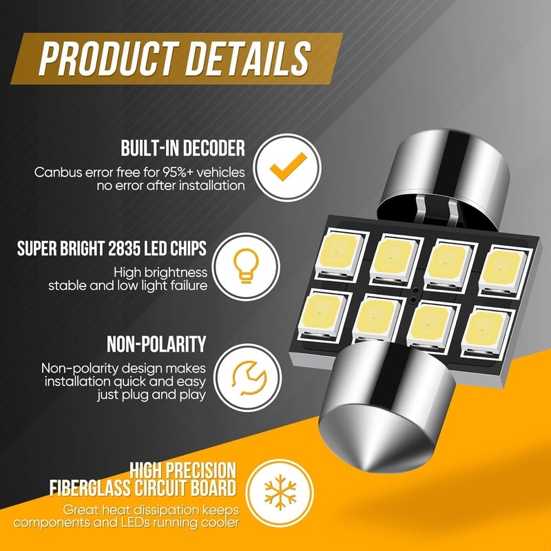 Audak DE3175 DE3022 DE3021 3175 6428 Festoon LED Bulb 30MM Canbus Error Free for Interior Dome Map Lights Door Courtesy Lights Trunk Lights License Plate Lights (Pack of 4) - Image 2
