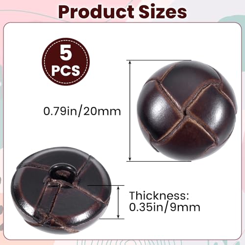 Winsyison 5pcs Genuine Leather Buttons for Clothes, 20mm Vintage Football Pattern Button with Shank, Round Decorative Fasteners Sewing Supplies for Coats Sweaters Dress Shoes DIY Crafts- Brown - Image 2