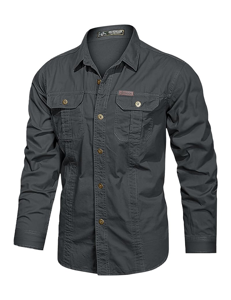 Eisctnd Men's Long Sleeve Work Shirt, Utility Cotton Button Down Cargo Shirts with Pockets for Casual Outdoor Safari Darkgrey - Image 1