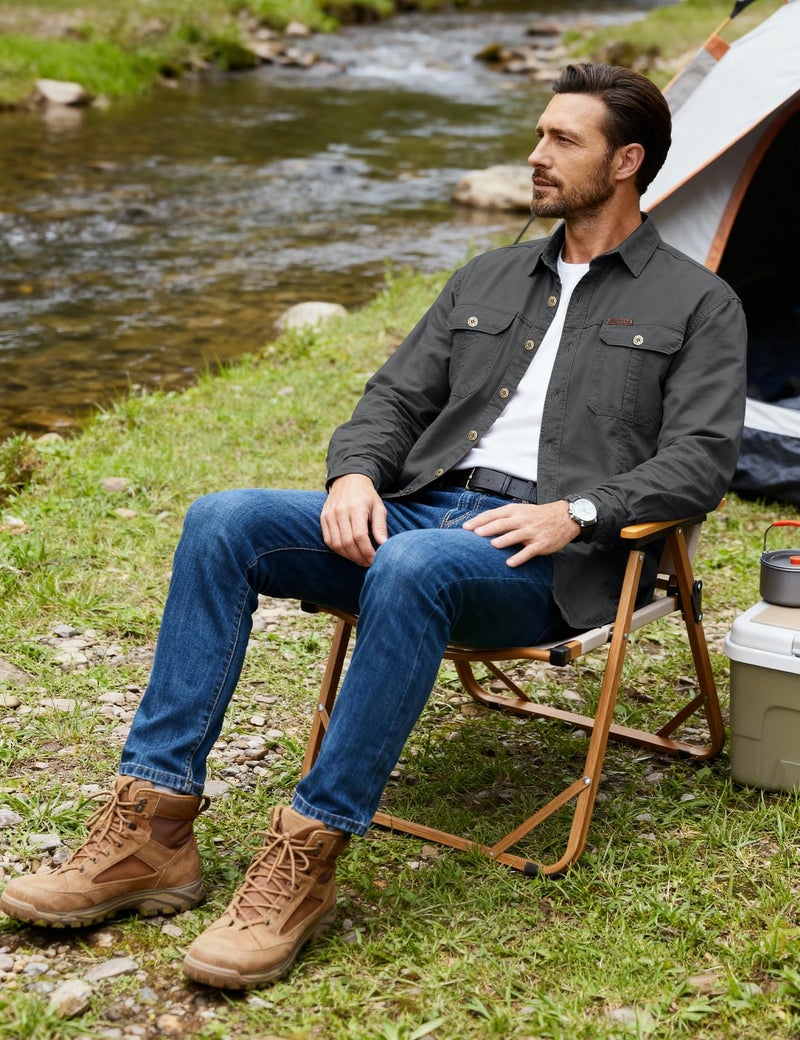 Eisctnd Men's Long Sleeve Work Shirt, Utility Cotton Button Down Cargo Shirts with Pockets for Casual Outdoor Safari Darkgrey - Image 3