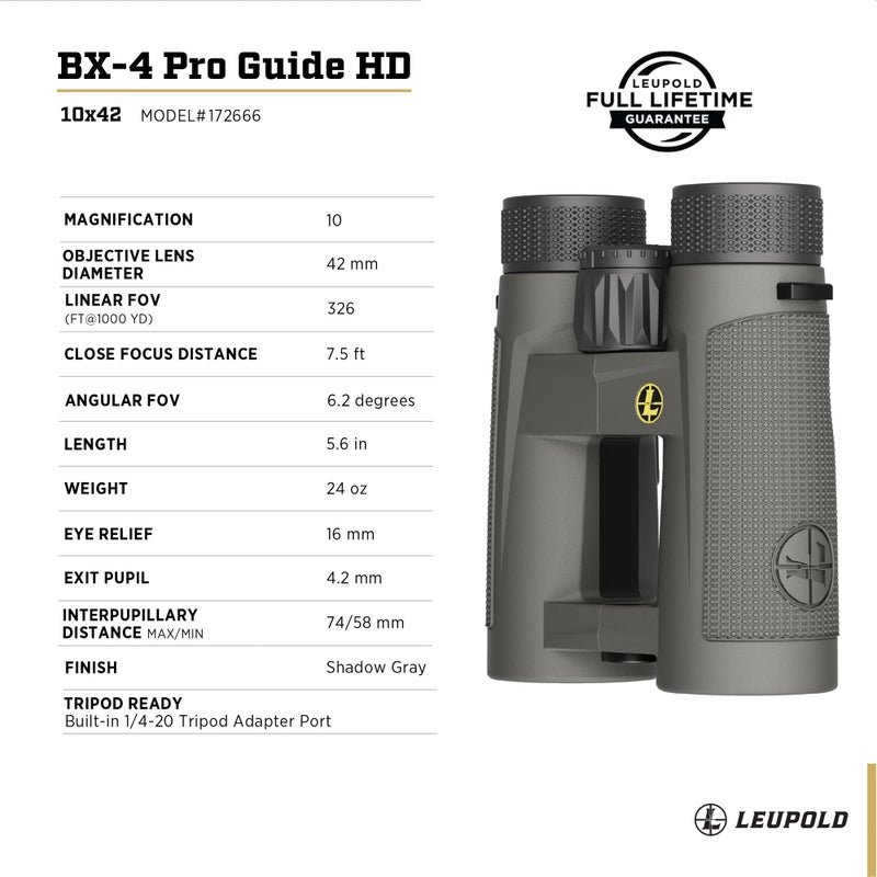 Leupold BX-4 Pro Guide HD Binoculars, 10x42mm, Shadow Gray (172666) - Image 5