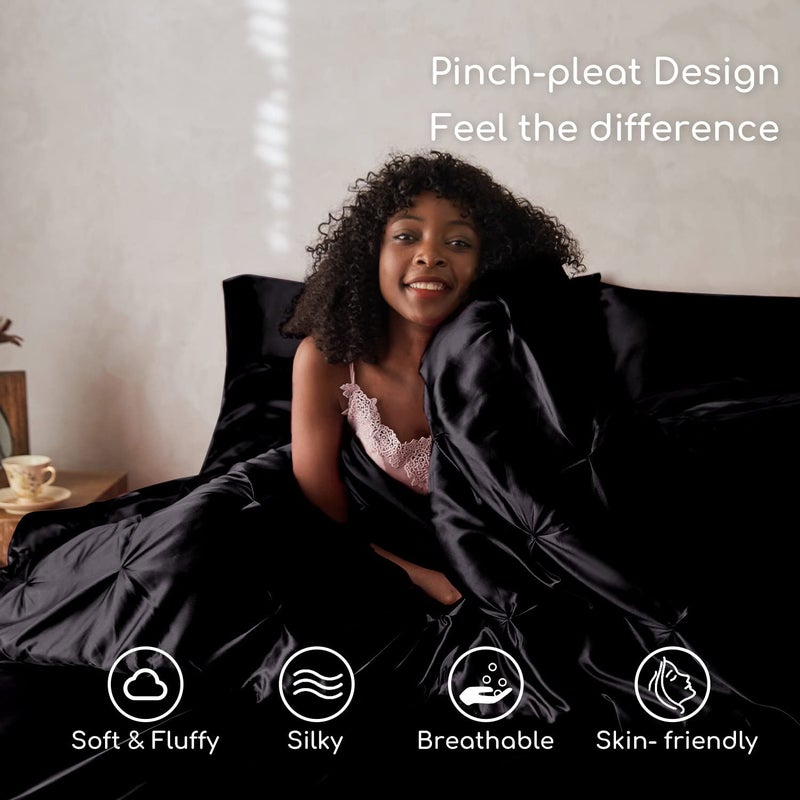 MR&HM Satin Comforter Queen 7 Pieces - Luxurious Pinch Pleat Bedding Set with Comforter, Flat Sheet, Fitted Sheet, Pillowcases & Shams, Super Silky Soft Bed Set for All Season (Queen, Black) - Image 3