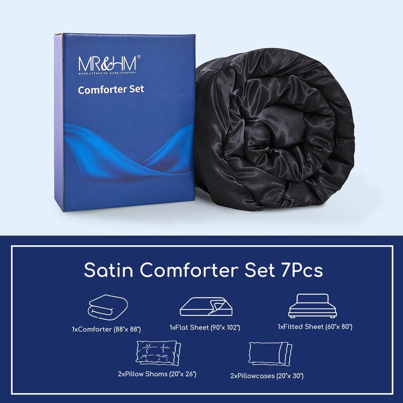 MR&HM Satin Comforter Queen 7 Pieces - Luxurious Pinch Pleat Bedding Set with Comforter, Flat Sheet, Fitted Sheet, Pillowcases & Shams, Super Silky Soft Bed Set for All Season (Queen, Black) - Image 2