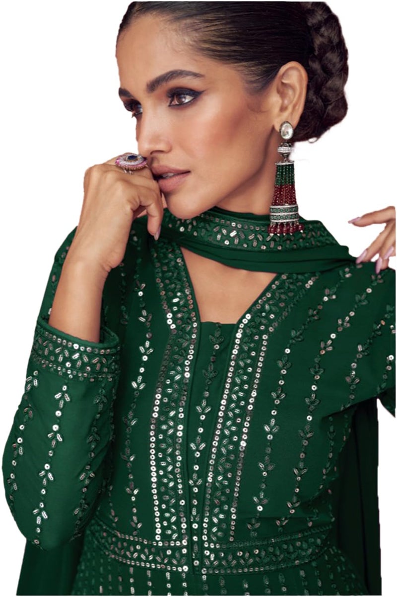 Miss Ethnik Women's Faux Georgette Full Sleeve Stitched Embroidered Floor Length Green Anarkali Maxi Gown with Dupatta (ME-1106-Green-3XL) - Image 5