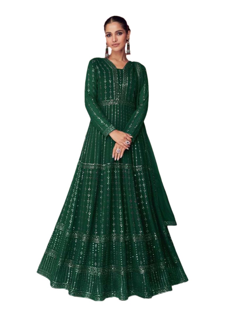 Miss Ethnik Women's Faux Georgette Full Sleeve Stitched Embroidered Floor Length Green Anarkali Maxi Gown with Dupatta (ME-1106-Green-3XL) - Image 1