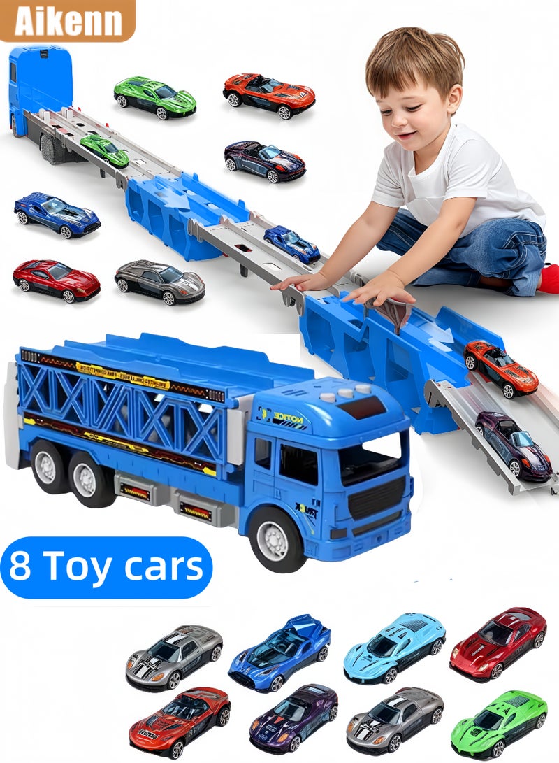 Aikenn Kids Transport Truck Toy Set with Dual Race Track and Ejection Car, Folding Storage Alloy Racing Transporter with 8 Metal Cars, Inertia Big Truck for Toddlers Boys Girls Gift Everyday Play - Image 1