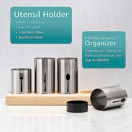 Sorbus Utensil Holder,Upright Silverware Holder with Caddy for Spoons, Knives and Forks, Entertaining,Stainless Steel Cutlery Organizer with Bamboo Wood Base - Image 4