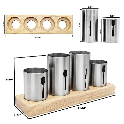 Sorbus Utensil Holder,Upright Silverware Holder with Caddy for Spoons, Knives and Forks, Entertaining,Stainless Steel Cutlery Organizer with Bamboo Wood Base - Image 3