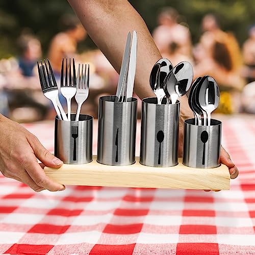Sorbus Utensil Holder,Upright Silverware Holder with Caddy for Spoons, Knives and Forks, Entertaining,Stainless Steel Cutlery Organizer with Bamboo Wood Base - Image 5