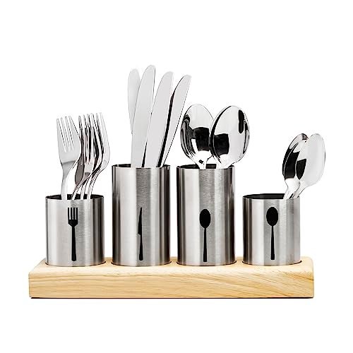 Sorbus Utensil Holder,Upright Silverware Holder with Caddy for Spoons, Knives and Forks, Entertaining,Stainless Steel Cutlery Organizer with Bamboo Wood Base - Image 1