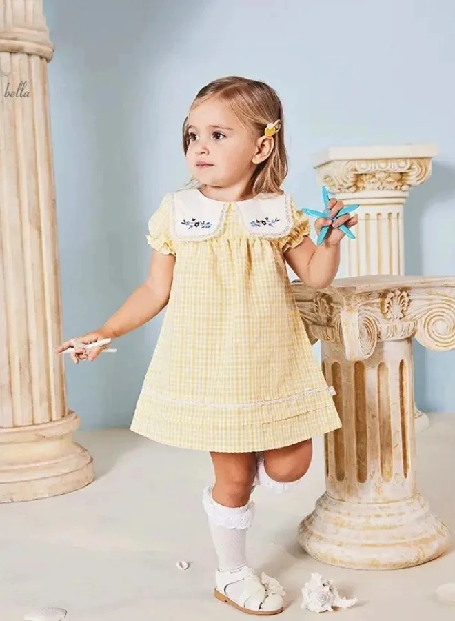 Dave & Bella Yellow Plaid Dress with Embroidered Square Colllar