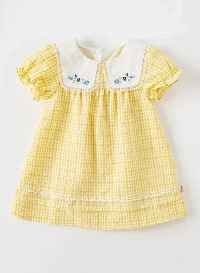 Dave & Bella Yellow Plaid Dress with Embroidered Square Colllar