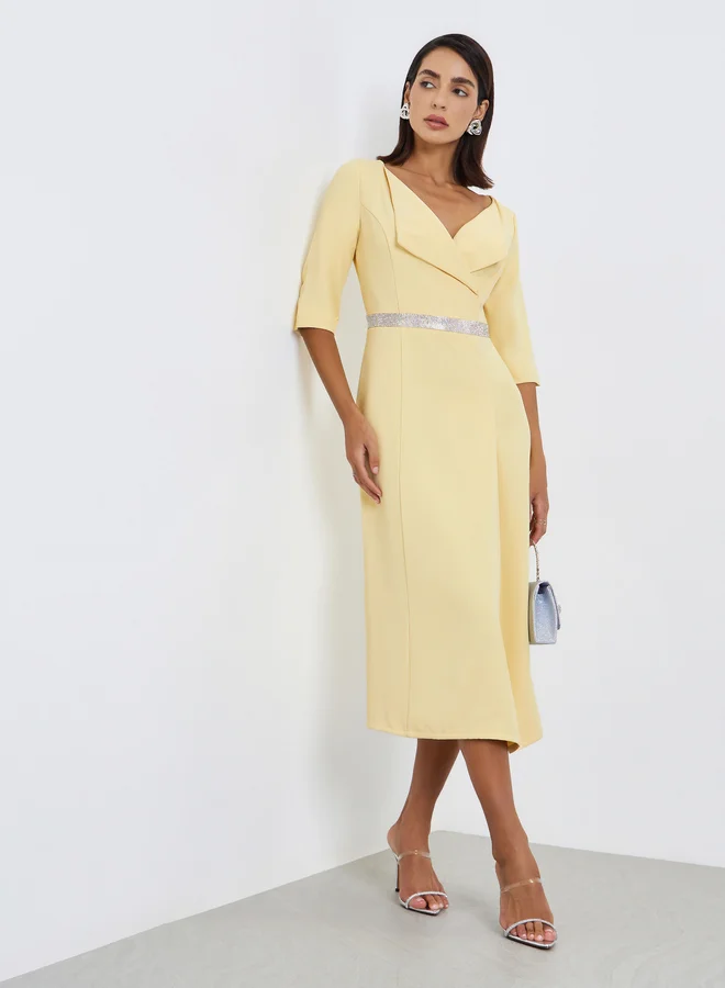 Styli Zipper at center back no slit at skirt half sleeves Sheath Midi Dress