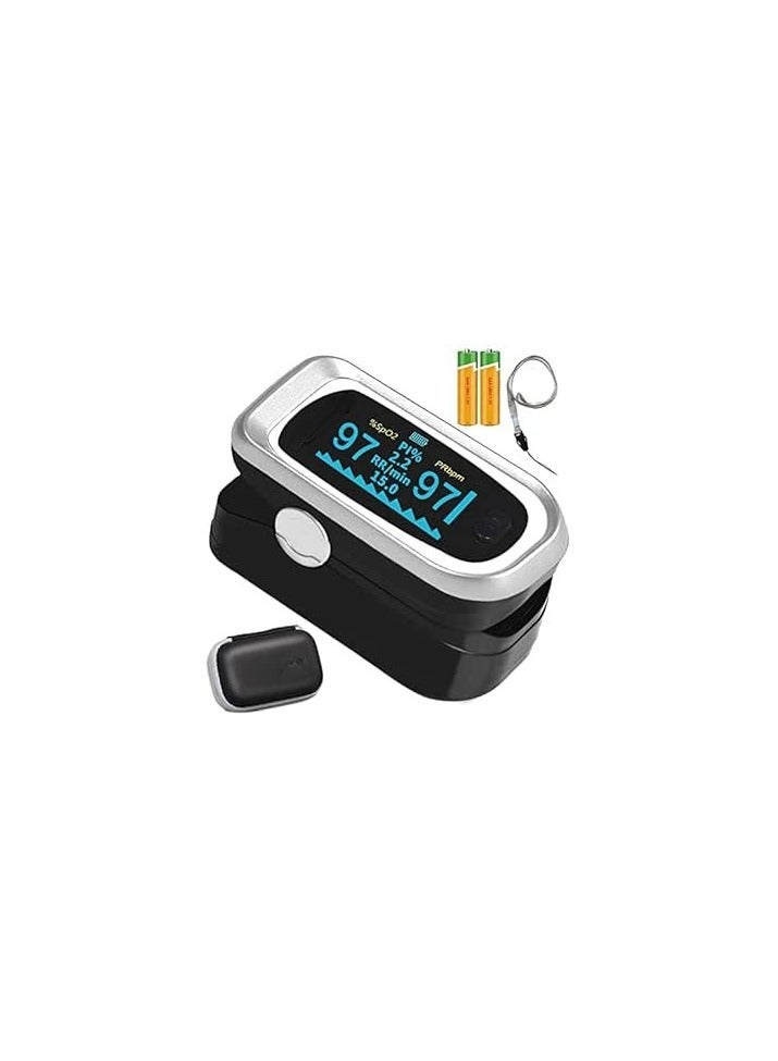 Generic Fingertip Pulse Oximeter with Respiratory Rate – SpO2, Pulse Rate & 4-Data Monitoring – OLED Display, Batteries, Carry Bag, and Lanyard – Black Silver