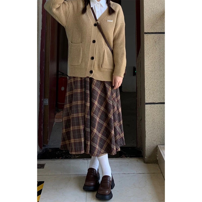 Brown Plaid Woolen Skirt For Women High-Waisted Slimming Pear-Shaped Medium-Length A- Line Skirt Spring Autumn Season Coffee color