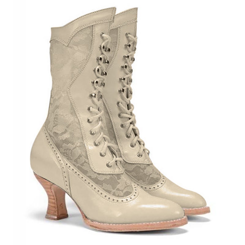 British Style Lace Splicing Front Lace Pointed Toe Mid-Heeled Women'S Boots - Image 5