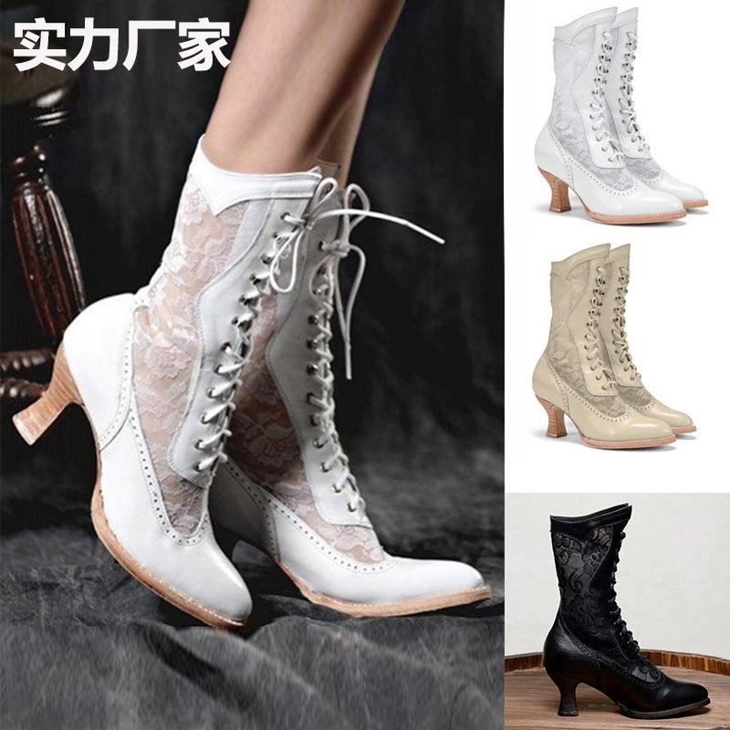British Style Lace Splicing Front Lace Pointed Toe Mid-Heeled Women'S Boots - Image 2