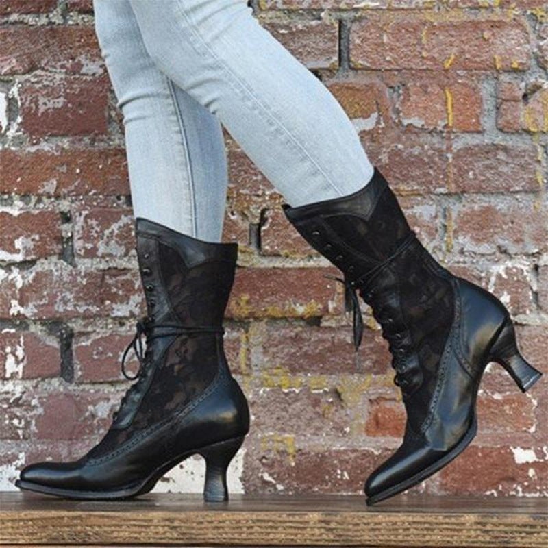 British Style Lace Splicing Front Lace Pointed Toe Mid-Heeled Women'S Boots - Image 4