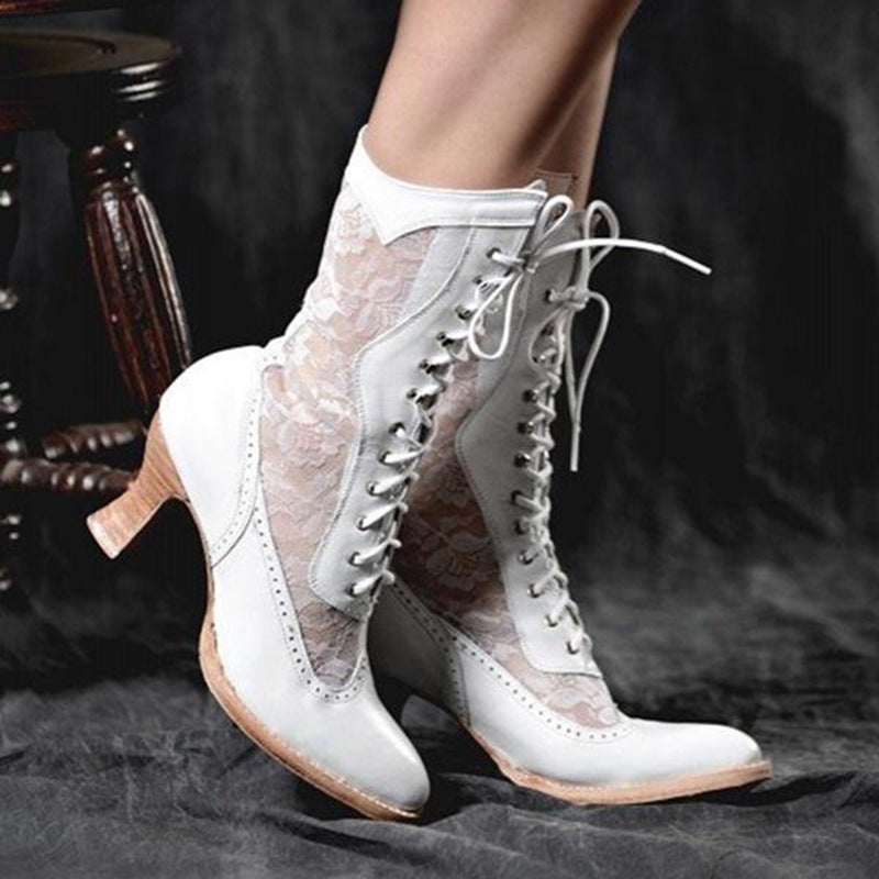 British Style Lace Splicing Front Lace Pointed Toe Mid-Heeled Women'S Boots - Image 3