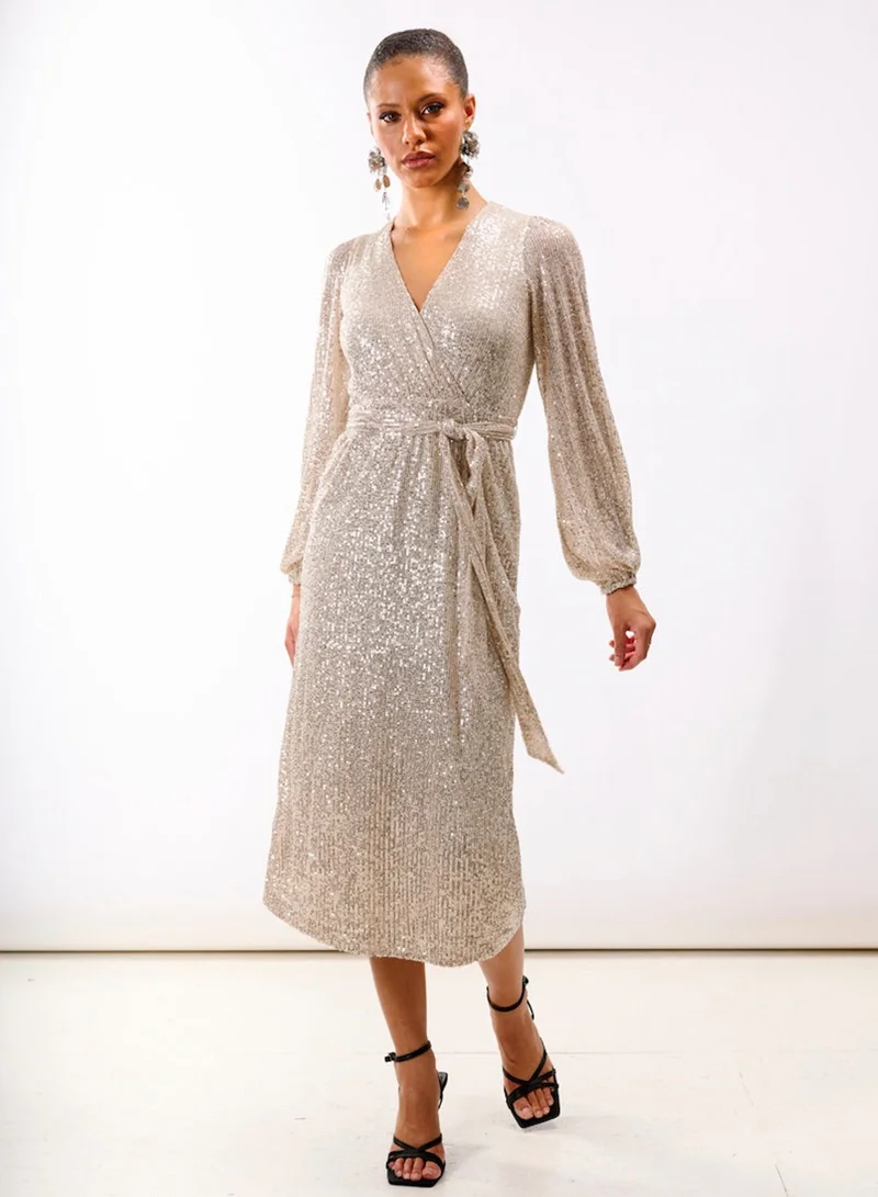 Cream Sequin Wrap Midi Dress