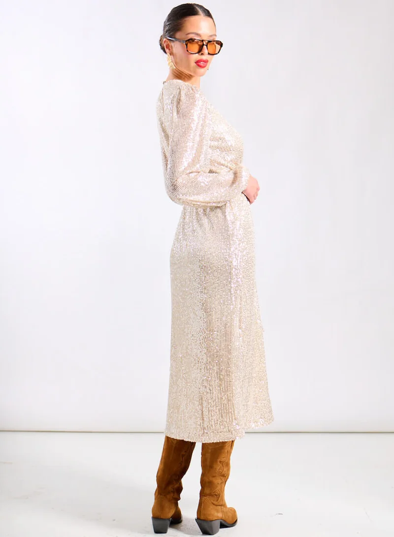 Needs No Label  Cream Sequin Wrap Midi Dress for Women | Best Price UAE