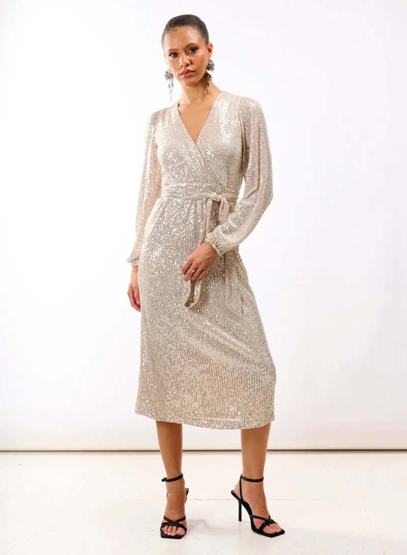 Needs No Label  Cream Sequin Wrap Midi Dress for Women | Best Price UAE