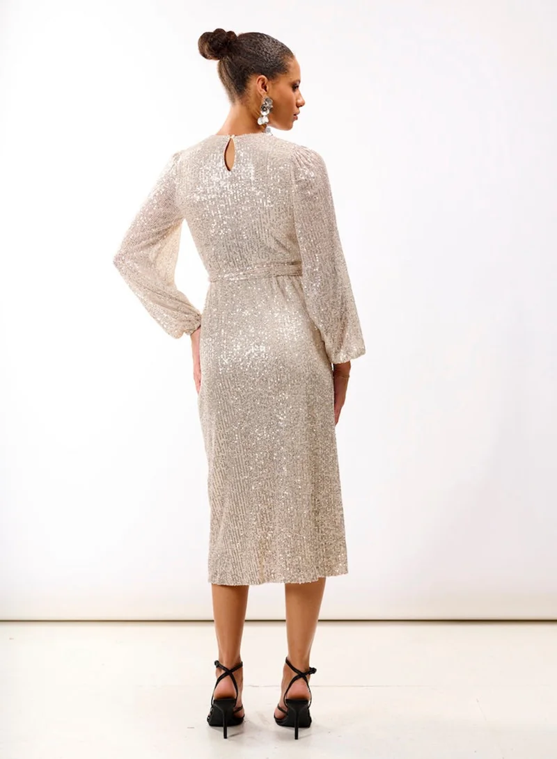 Needs No Label  Cream Sequin Wrap Midi Dress for Women | Best Price UAE