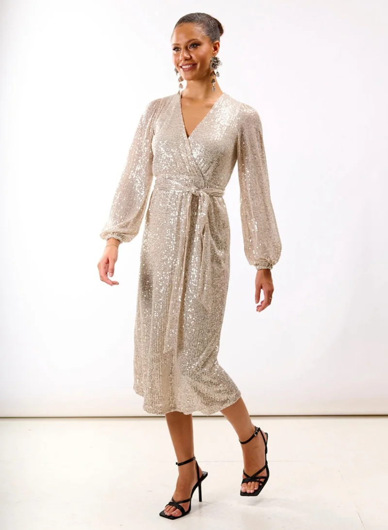 Needs No Label  Cream Sequin Wrap Midi Dress for Women | Best Price UAE