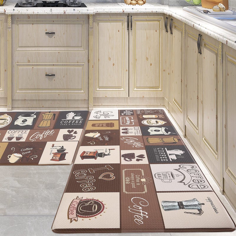 PCSWEET HOME Cushioned Anti Fatigue Kitchen Mats Sets 2 Farmhouse Kitchen Rugs Waterproof NonSlip Comfort Mat for Kitchen Home Office Laundry Light Coffee