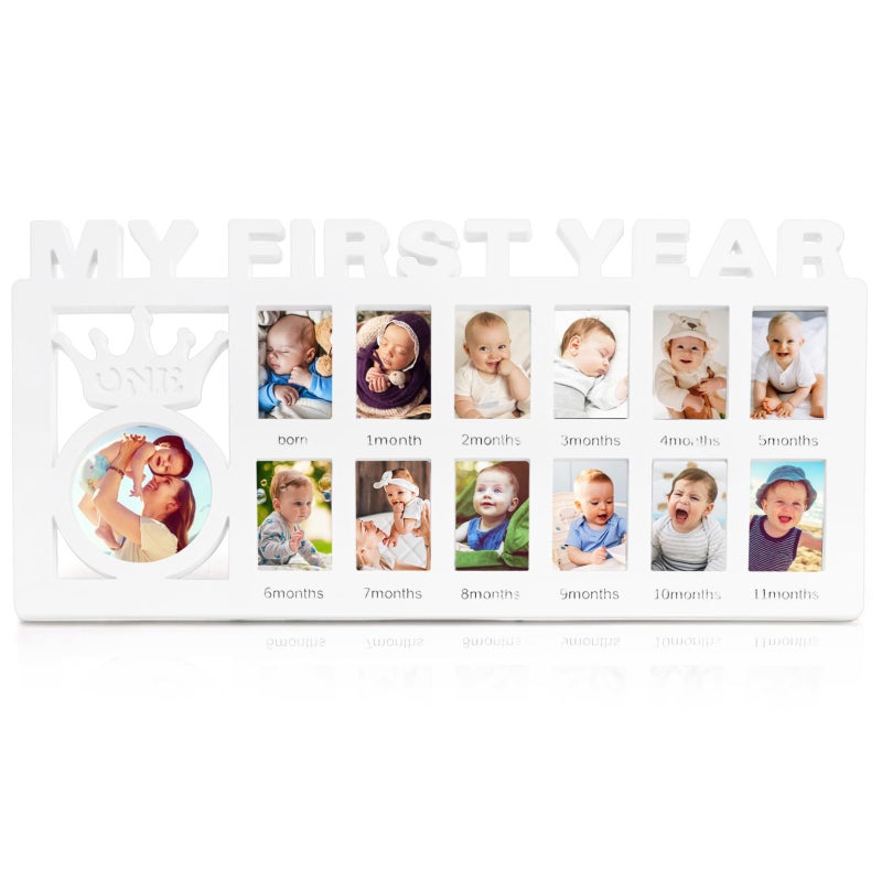 Eorbow Newborn Baby Picture Frame 15 x 73 My First Year Frame Plastic 12 Month Babies Photo Frame Monthly Milestone Keepsake for New Mom Gift Baby Shower 13 Photo Inserts