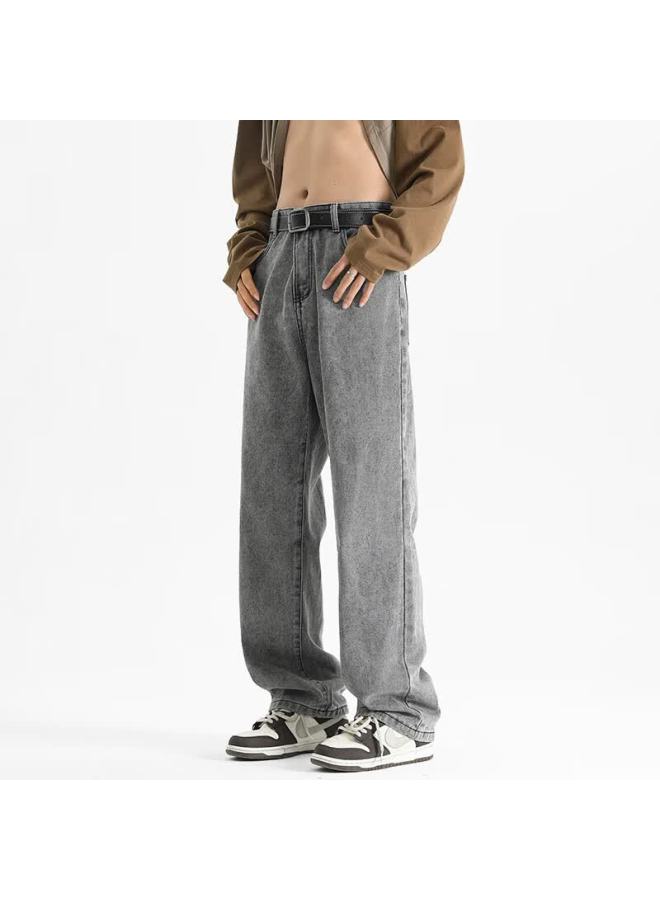 Maybeyond Men's Denim Jeans Spring Summer Loose Vintage Straight Leg Trendy Wide Leg Draped Pants Mn02 Gray L - Image 2