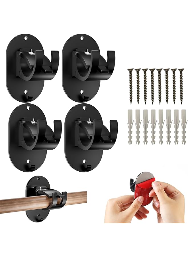 erorex 4 Pcs Self Adhesive Curtain Rod Bracket, No Drilling Self Adhesive Curtain Rod Holder Hooks, Nail Free Curtain Rod Hooks Curtain Hangers, for Bathroom, Bedroom, Livingroom, Kitchen (Black)  - Image 1