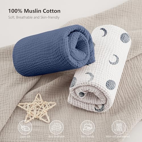 Bearmoss Muslin Crib Sheets 100% Cotton Baby Crib Sheets Soft&Breathable Nursery Sheet 52"x28" for Standard Crib Mattress&Toddler Bed Mattress - 2 Pack (Blue Crescent) - Image 4
