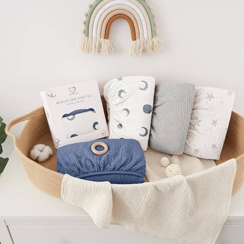 Bearmoss Muslin Crib Sheets 100% Cotton Baby Crib Sheets Soft&Breathable Nursery Sheet 52"x28" for Standard Crib Mattress&Toddler Bed Mattress - 2 Pack (Blue Crescent) - Image 5