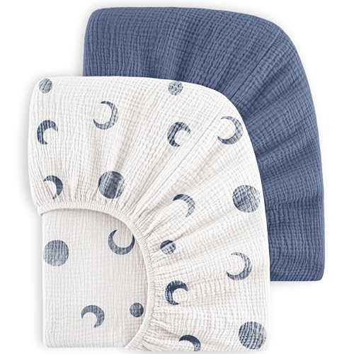 Bearmoss Muslin Crib Sheets 100% Cotton Baby Crib Sheets Soft&Breathable Nursery Sheet 52"x28" for Standard Crib Mattress&Toddler Bed Mattress - 2 Pack (Blue Crescent) - Image 1