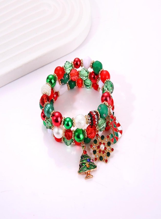 NLCAC Christmas Bracelets for Women Xmas Tree Snowflake Candy Cane Charm Bracelets Red Green White Beaded Stretch Bracelets Christmas Jewelry Accessory Gifts - Image 3